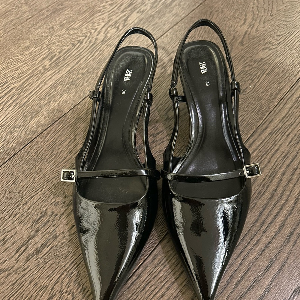 Zara Black Patent Leather Slingback Heels